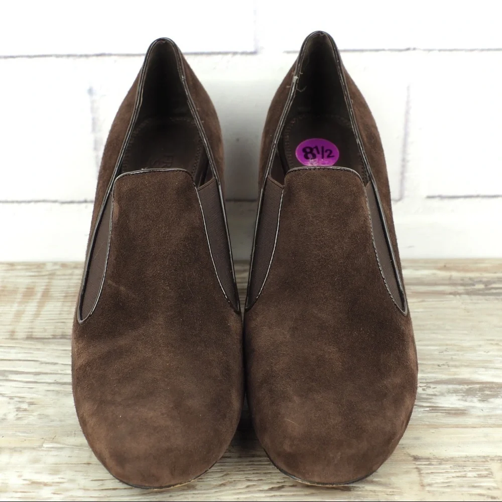 Franco Sarto brown suede & patent heeled loafers